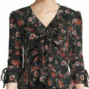 Free Generation LA Black Floral Ruffle Top Blouse 3/4 Sleeves